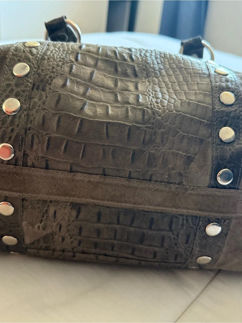 Hammitt Westwood Satchel in grey croc leather and suede